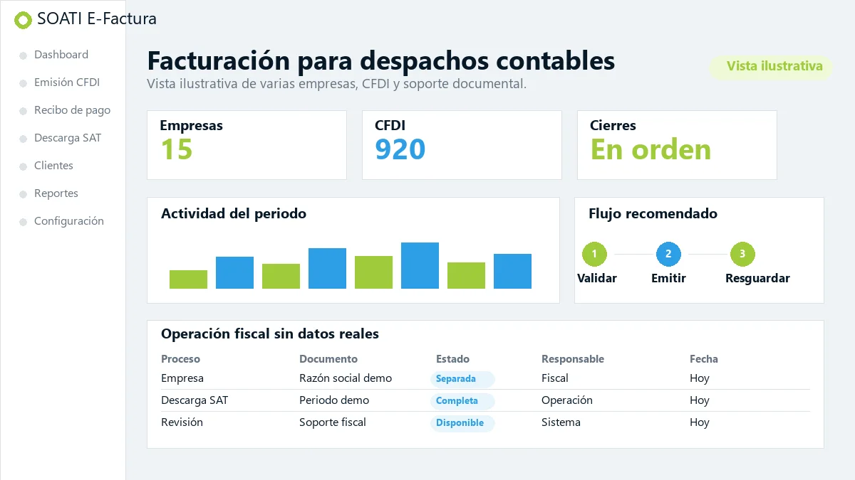 Vista ilustrativa de facturación para despachos contables en SOATI E-Factura
