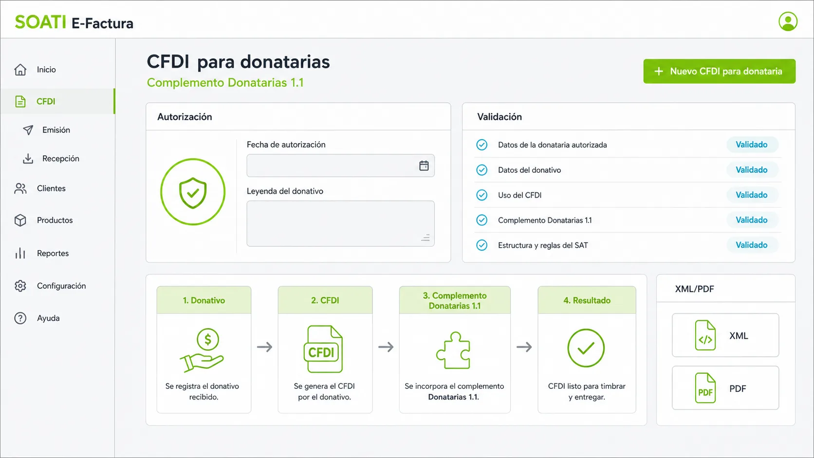 Vista ilustrativa de CFDI con Complemento Donatarias 1.1 en SOATI E-Factura®