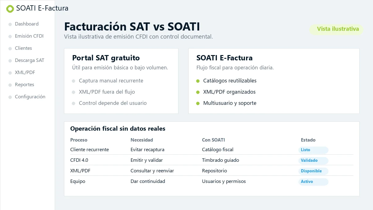 Vista ilustrativa de facturación SAT comparada con SOATI E-Factura