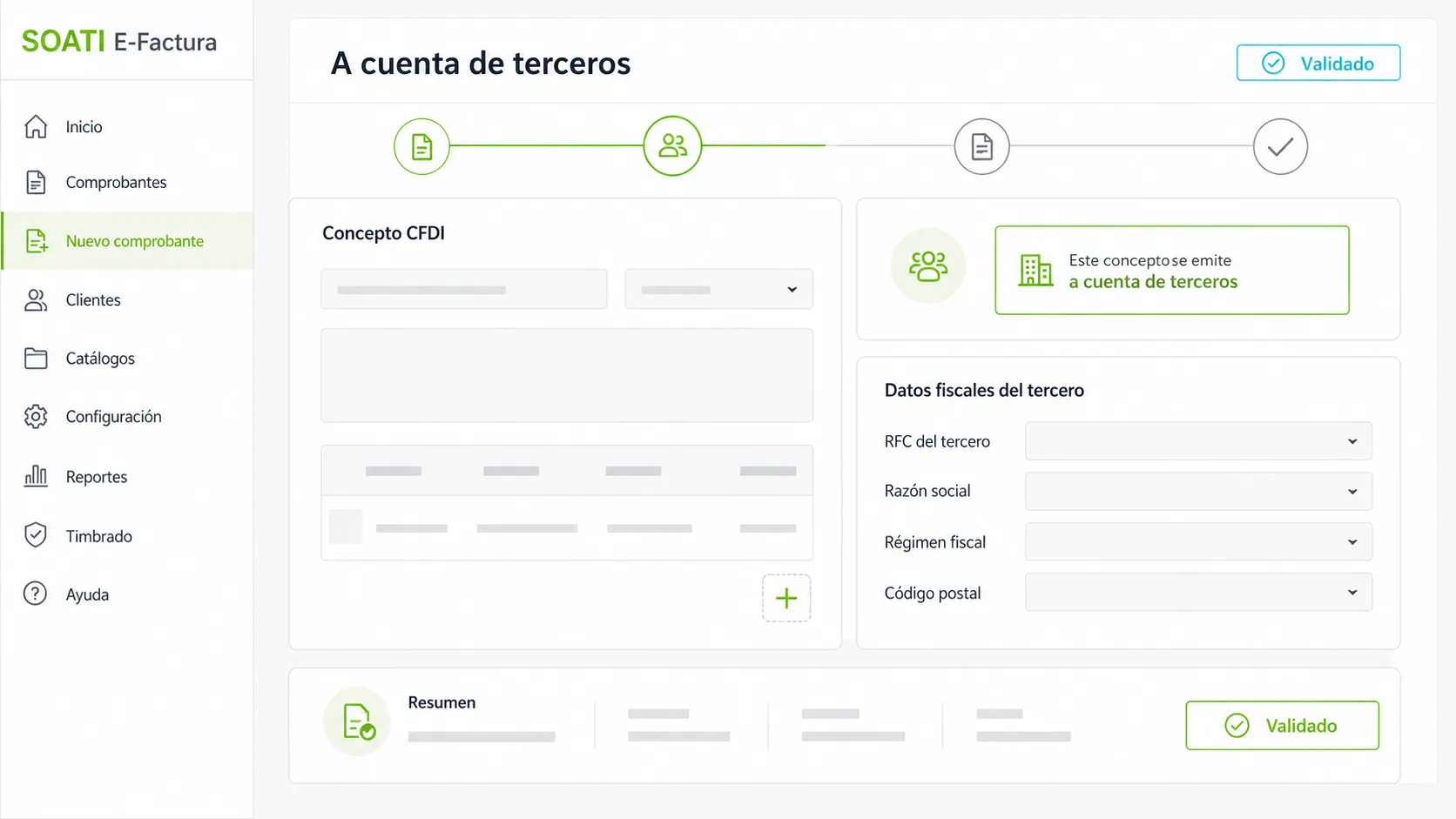 Vista ilustrativa de emisión CFDI a cuenta de terceros en SOATI E-Factura®
