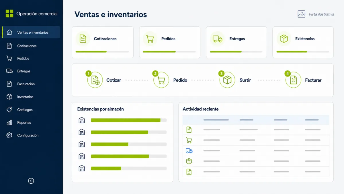 Vista ilustrativa del flujo de ventas e inventarios con cotizaciones, pedidos, entregas, existencias y facturación