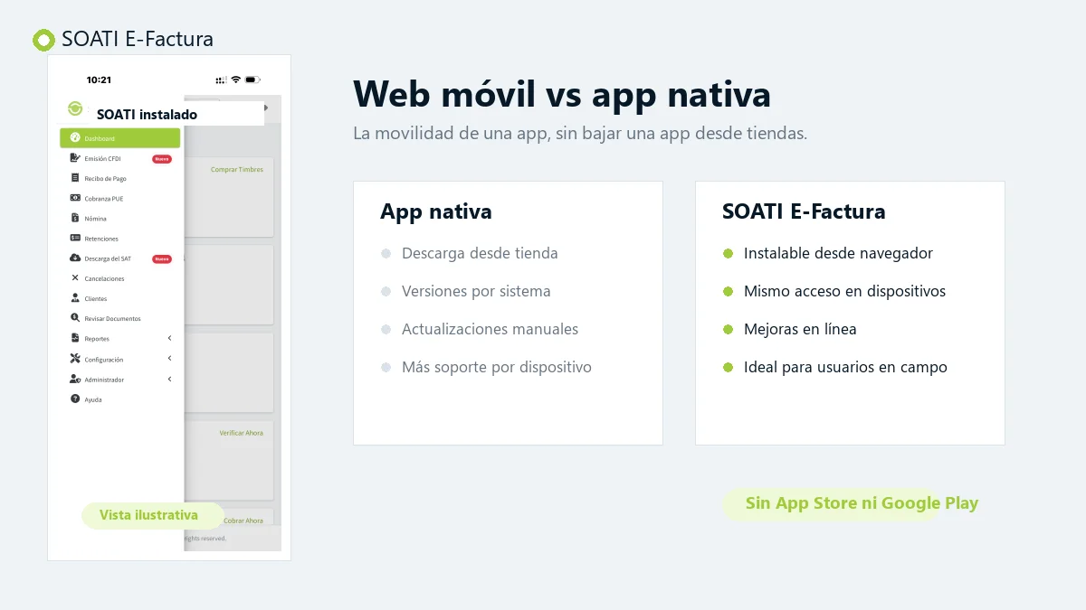 Vista ilustrativa de facturación web móvil comparada contra app nativa